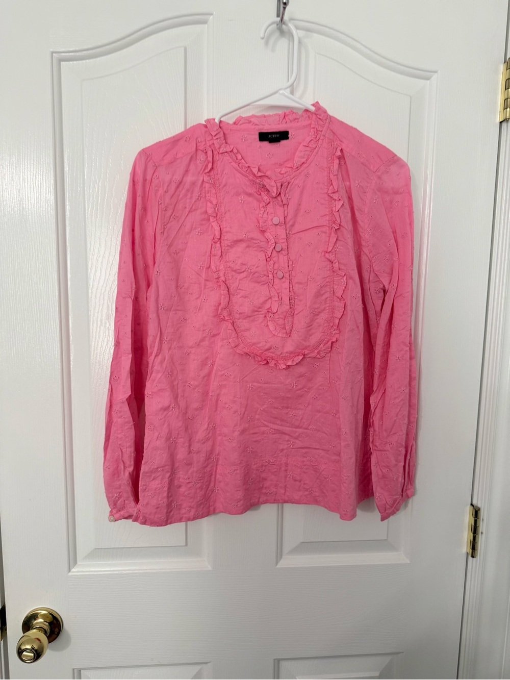 JCrew Pink Ruffle Front Button Blouse